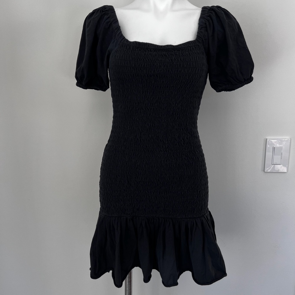 J.Crew Smocked Black Cotton Dress with Puff Sleeve and Ruffle Hem